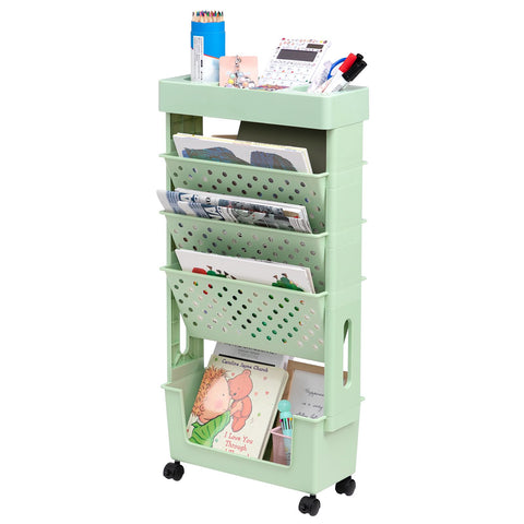 DOEWORKS Bücherwagen Klein Bücherregal mit Rollen Bastelwagen Rollwagen Schmal Aufbewahrungswagen 5 Ebenen Bücherregal Wagen für Wohnzimmer Schlafzimmer Büro Bibliothek, Weiß
