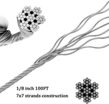 DOEWORKS Wire Rope 1/8" Stainless Steel Cable,100ft Stainless Steel Aircraft Cable with 50Pcs Sleeves,7x7 Strands for Decking Railings String Lights,Outdoor,Garden or Crafts