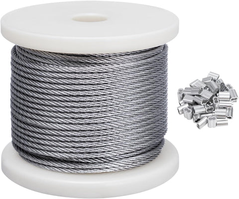 DOEWORKS Wire Rope 1/8" Stainless Steel Cable,100ft Stainless Steel Aircraft Cable with 50Pcs Sleeves,7x7 Strands for Decking Railings String Lights,Outdoor,Garden or Crafts
