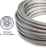 DOEWORKS Wire Rope 1/4" Stainless Steel Cable, 50ft 7 X 19 Strands,Steel Aircraft Cable with Loops, Wire Rope Clip, Thimble, for Yard Zipline, Boat Lifts, Deck Railing