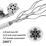 DOEWORKS 200 Ft 3/16" Wire Rope Stainless Steel Vinyl Coated Aircraft Cable, 7x7 Strands Construction with 100Pcs Aluminum Sleeves, for Decking Railings String Lights, Outdoor, Garden or Crafts