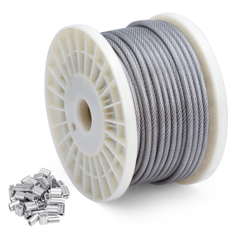 DOEWORKS 200 Ft 3/16" Wire Rope Stainless Steel Vinyl Coated Aircraft Cable, 7x7 Strands Construction with 100Pcs Aluminum Sleeves, for Decking Railings String Lights, Outdoor, Garden or Crafts