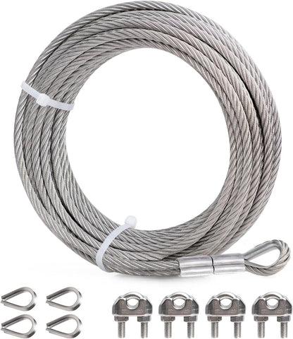 DOEWORKS Wire Rope 1/4" Stainless Steel Cable, 50ft 7 X 19 Strands,Steel Aircraft Cable with Loops, Wire Rope Clip, Thimble, for Yard Zipline, Boat Lifts, Deck Railing